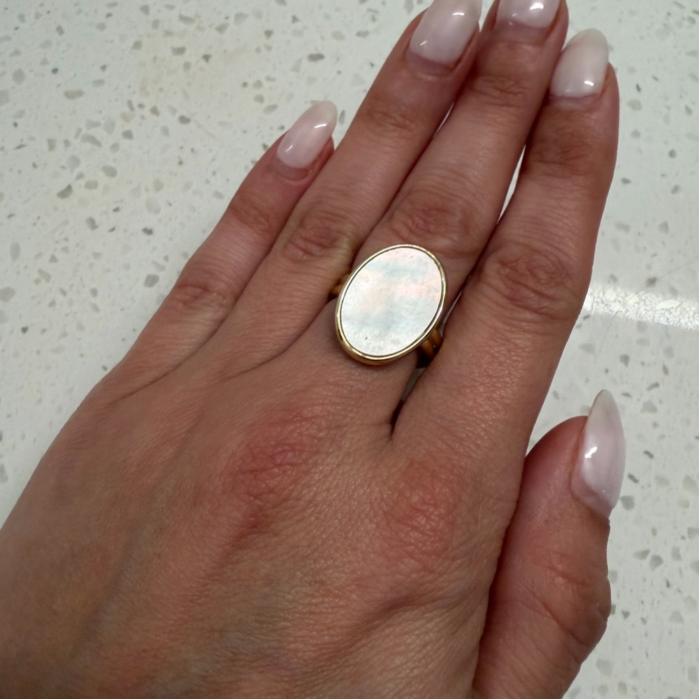 Oval Mother of Pearl Statement Ring Gold Tone
